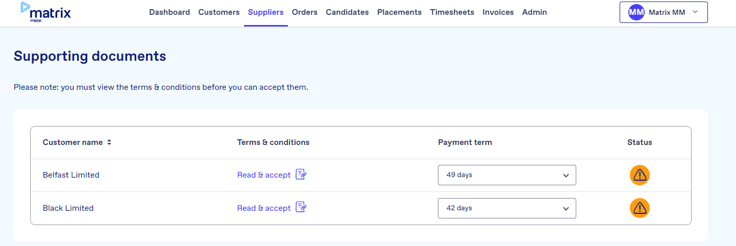 Supplier payment terms sup view Supplier payment terms sup view