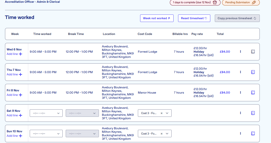 Timesheet codes Timesheet codes